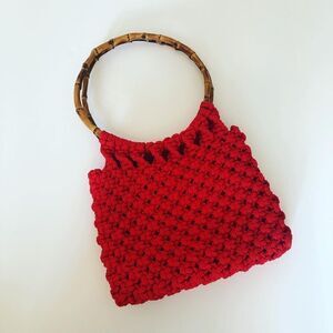 Vintage rattan weave crotchet bag w bamboo handle